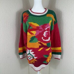 Vintage Sweater Women Large Red Multicolor Cottagecore Boho Hippie Grannycore